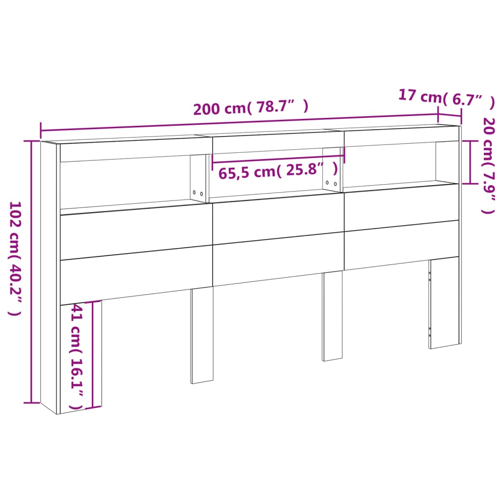 vidaXL Höfuðgaflsskápur með LED Grátt Sonoma 200x17x102 cm