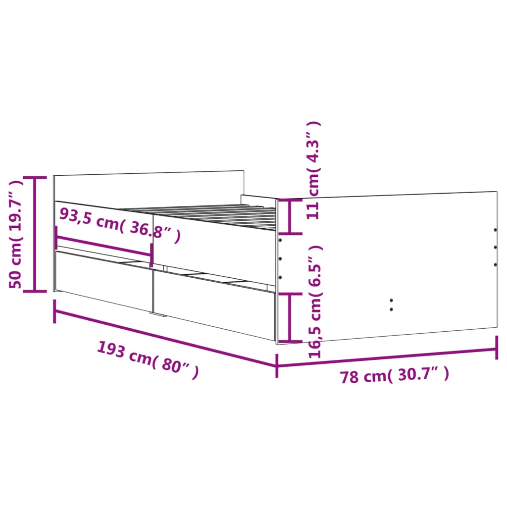 vidaXL Rúmgrind með Skúffum Brúnn Eik 75x190cm Lítil Einbreið