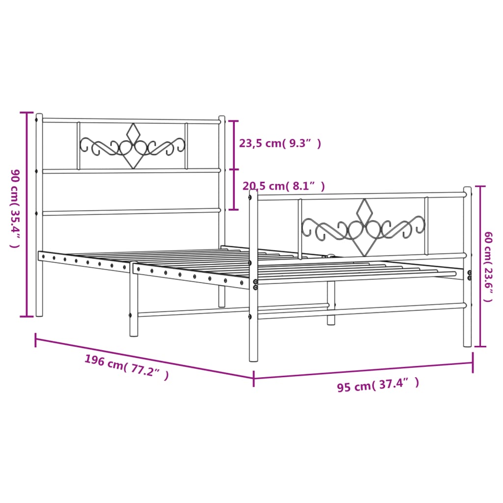 vidaXL Rúmgrind úr Málmi með Höfuðgafli & Fótagafli Hvít 90x190 cm