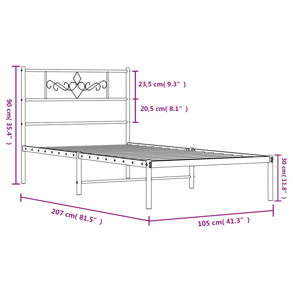 vidaXL Málmrúmgrind með Höfuðgafli Svört 100x200 cm