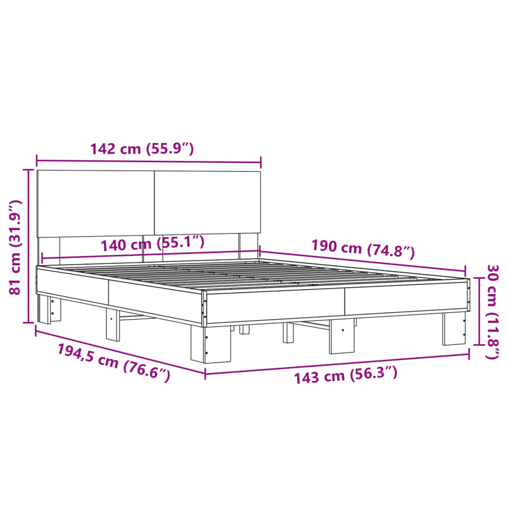 vidaXL Rúmgrind án Dýnu Sonoma Eikarlitur 140x190 cm