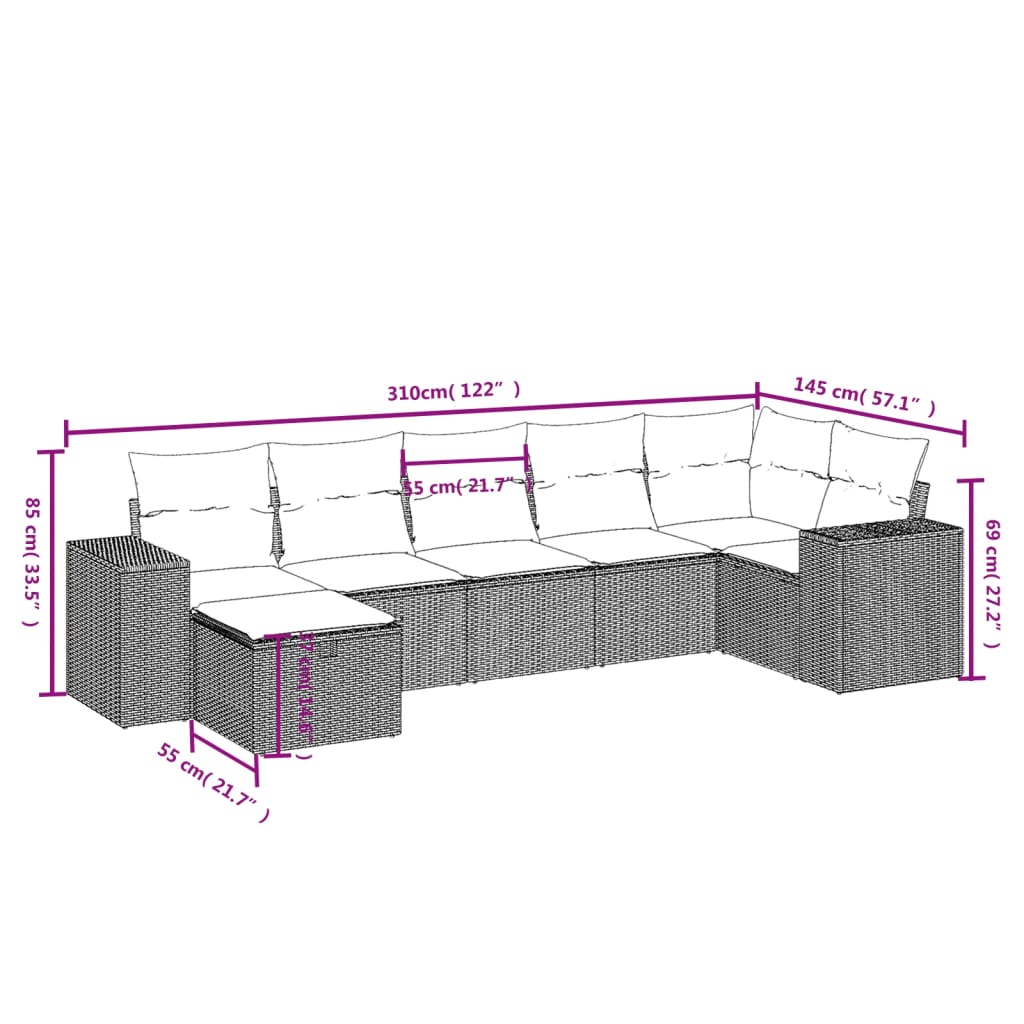 vidaXL 7 Hluta Garðsófasett með Sessum Drapplitað Pólýrattan