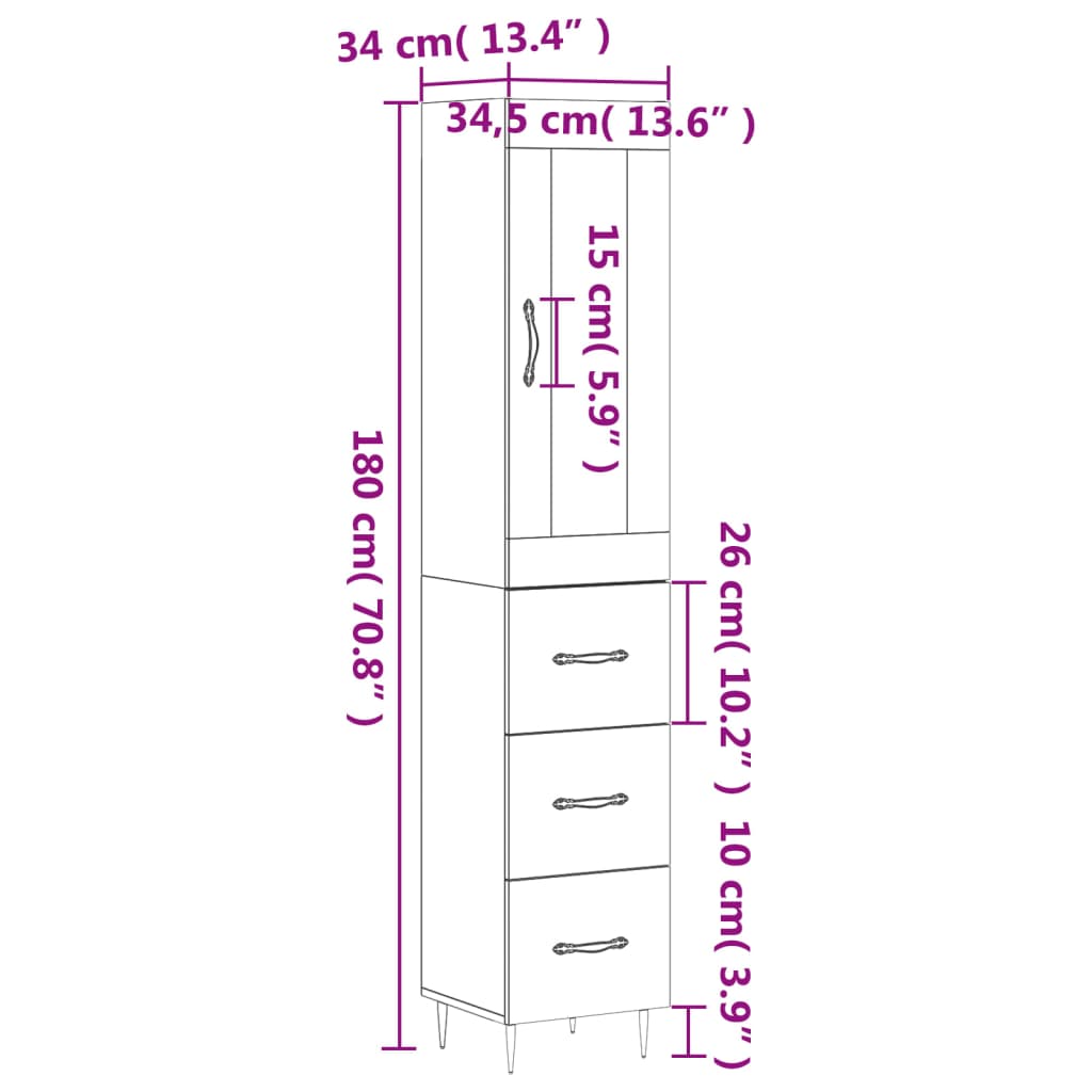 vidaXL Hár Skápur Brún Eik 34,5x34x180 cm Samsettur Viður