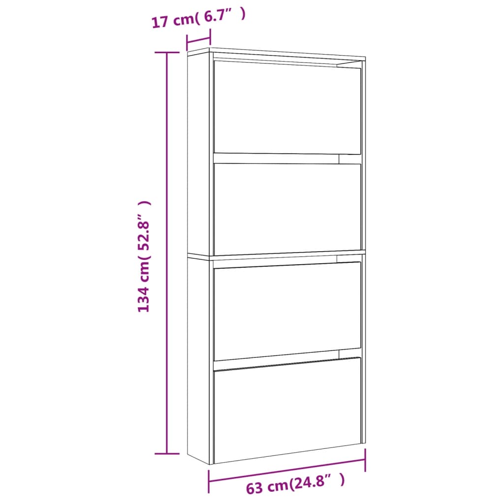 vidaXL Skóskápur með Spegli 4ja Laga Gráir Sonoma Eik 63x17x134 cm