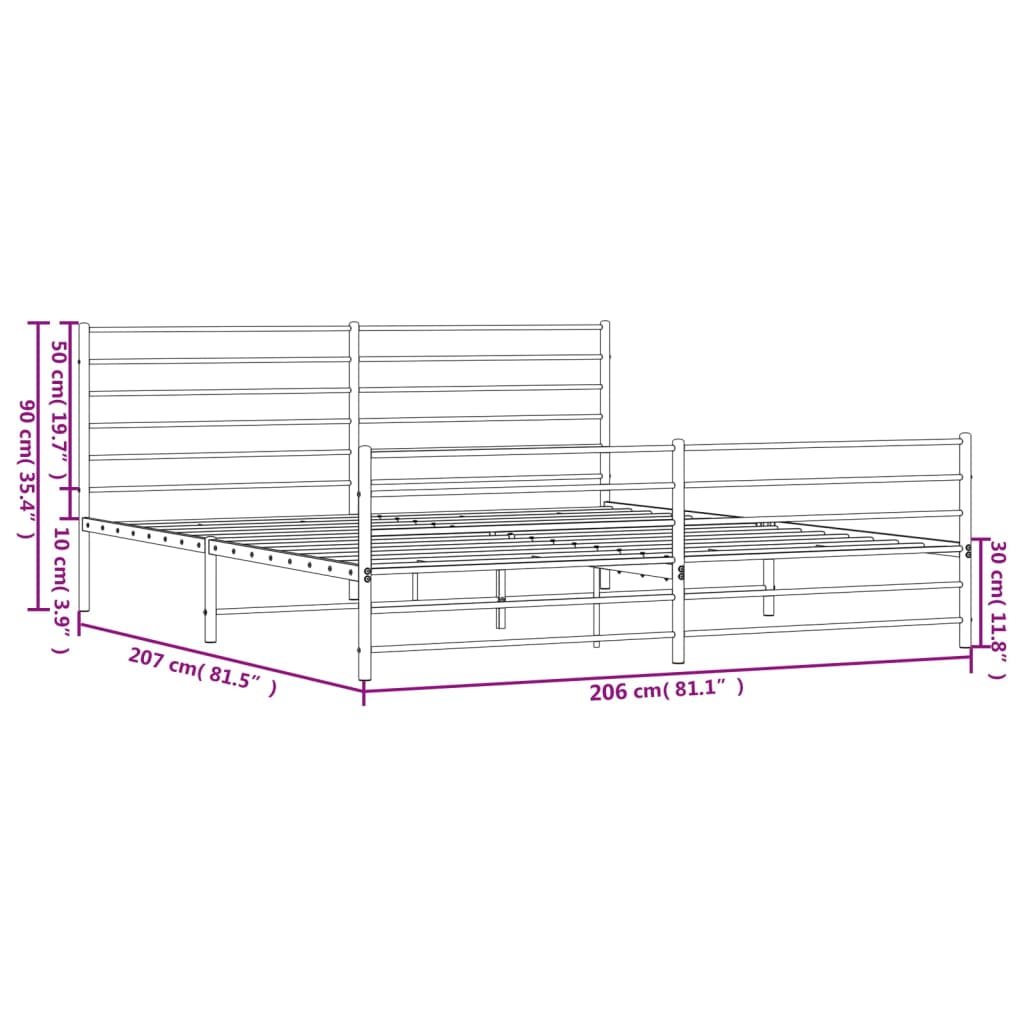 vidaXL Rúmgrind úr Málmi með Höfuðgafli & Fótagafli Svört 200x200 cm