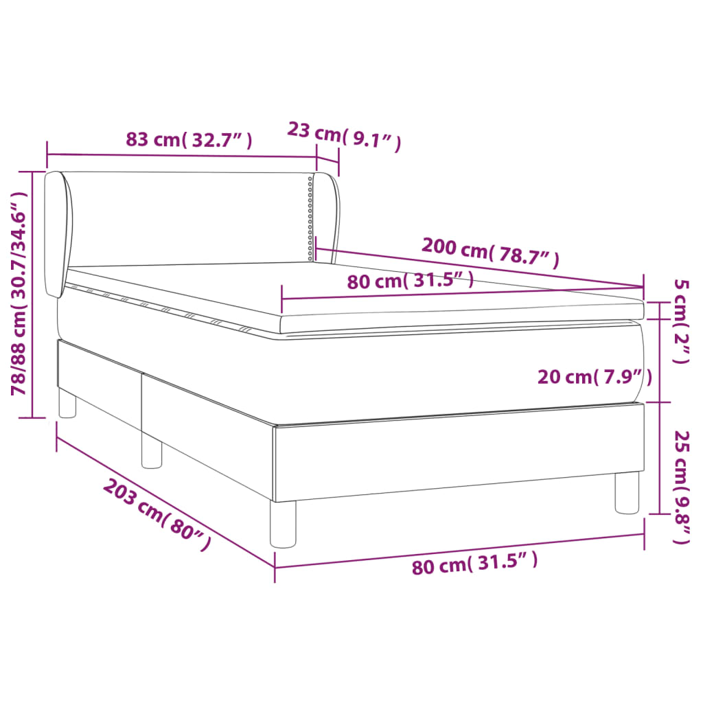 vidaXL Hólfað Springrúm með Dýnu Dökkgrátt 80x200 cm Flauel