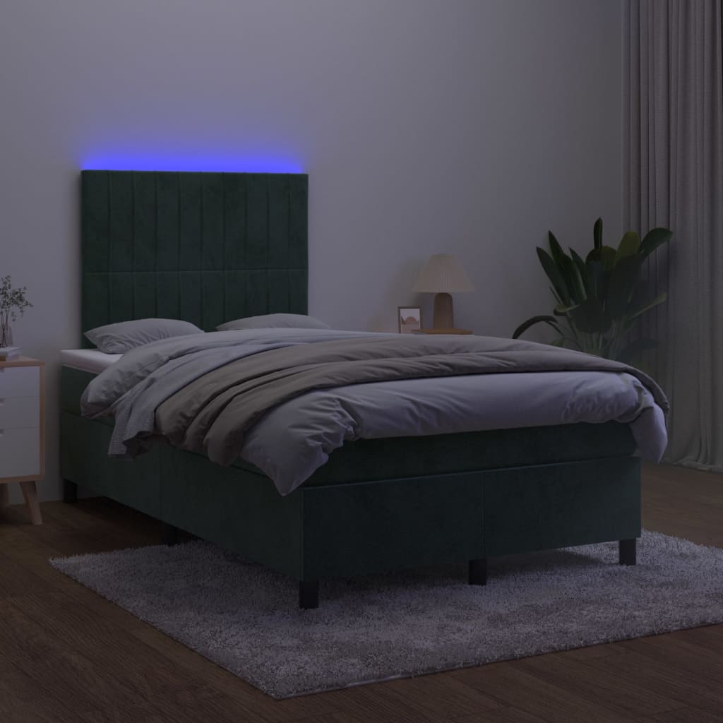 vidaXL Hólfað Springrúm með Dýnu&LED Dökkgrænt 120x190 cm Flauel