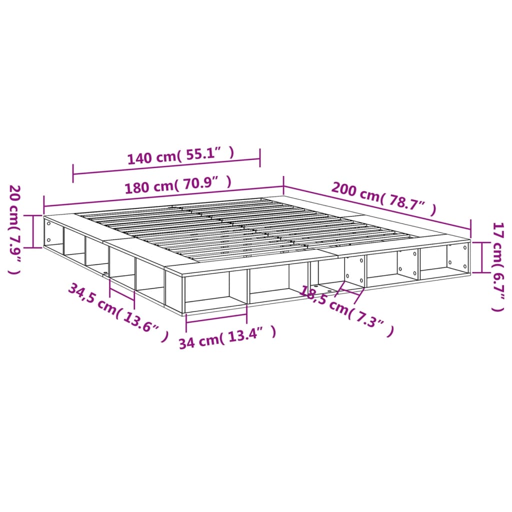 vidaXL Rúmgrind án Dýnu Gráir Sonoma Eik 180x200 cm