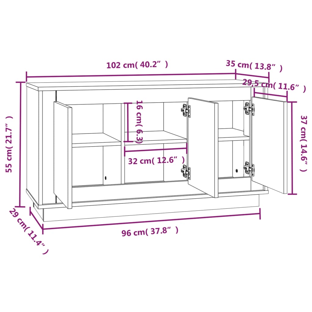 vidaXL Skenkur Hvítur 102x35x55 cm Samsettur Viður