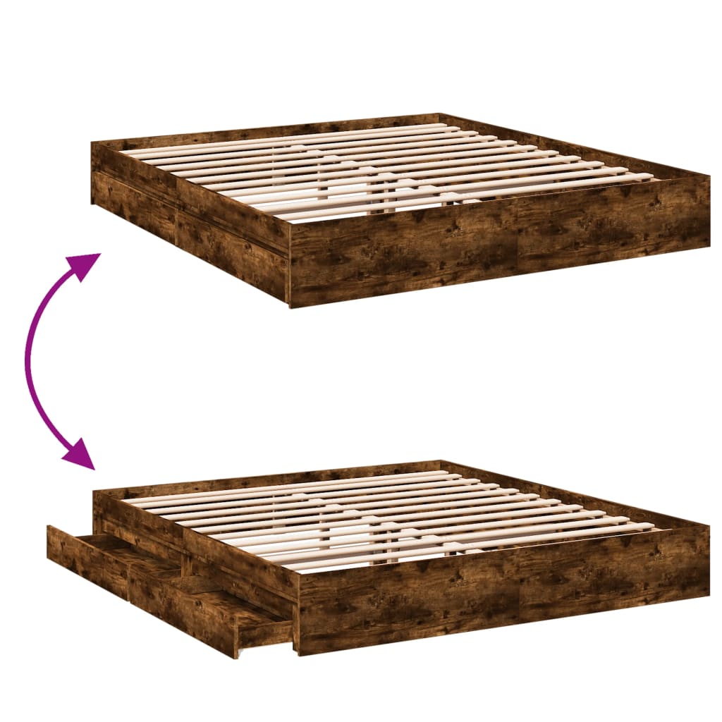 vidaXL Rúmgrind með Skúffum án Dýnu Reyktóna Eikarlitur 200x200 cm