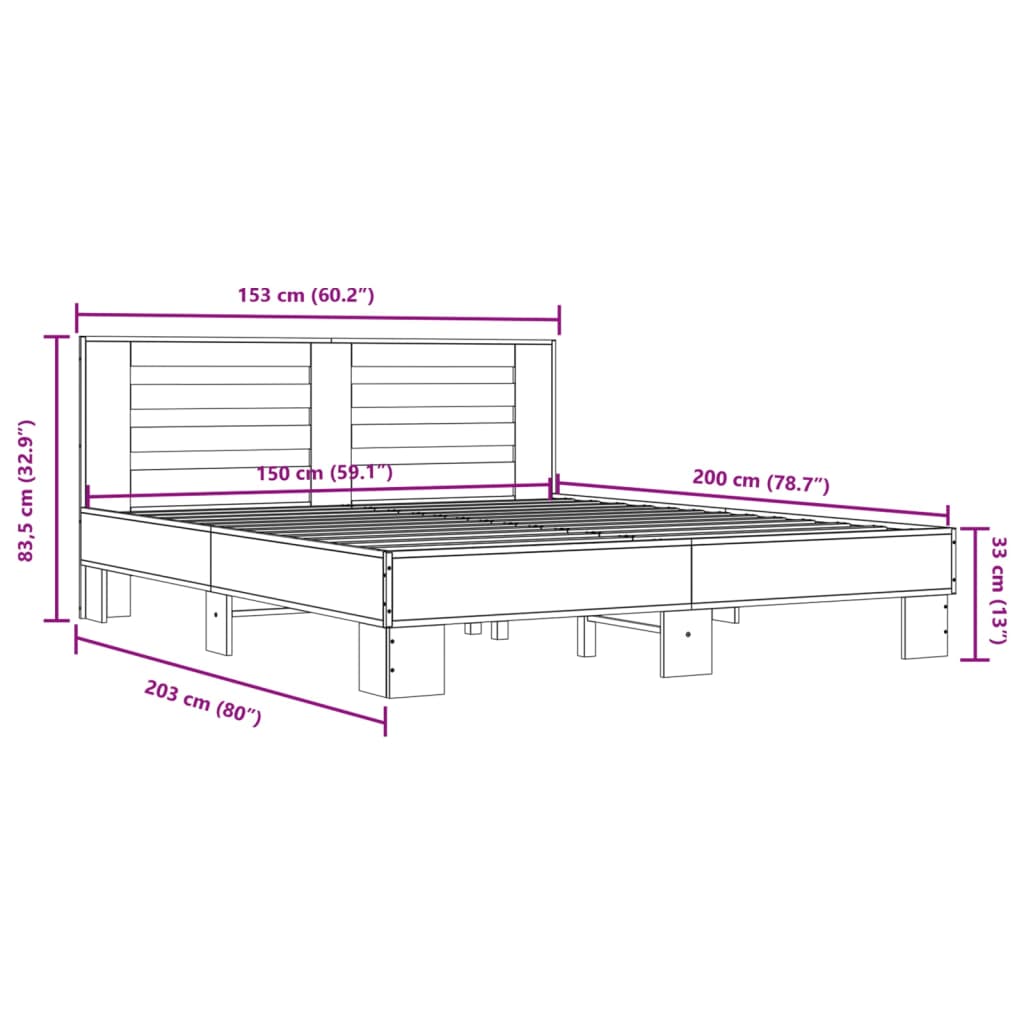 vidaXL Rúmgrind án Dýnu Gráir Sonoma Eik 150x200 cm