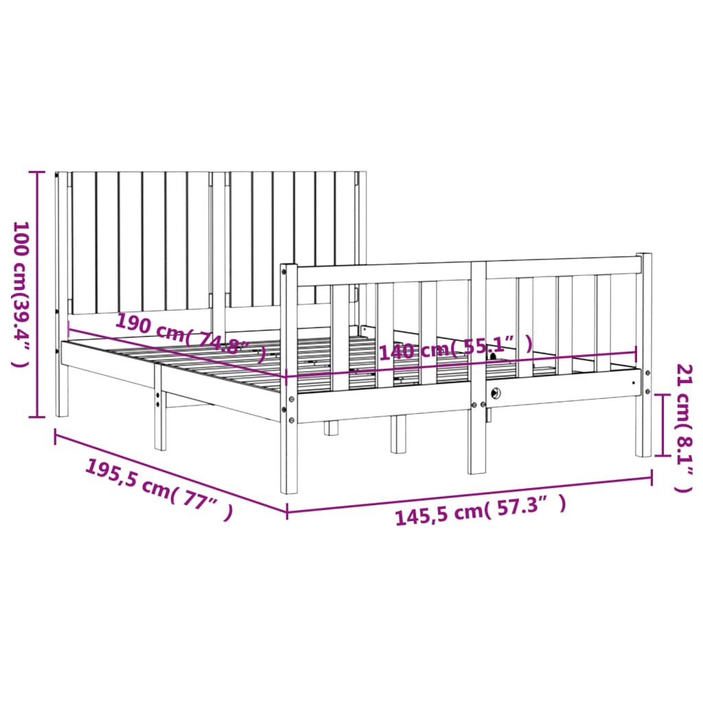 vidaXL Rúmgrind með Höfuðgafli 140x190 cm Gegnheil viðar