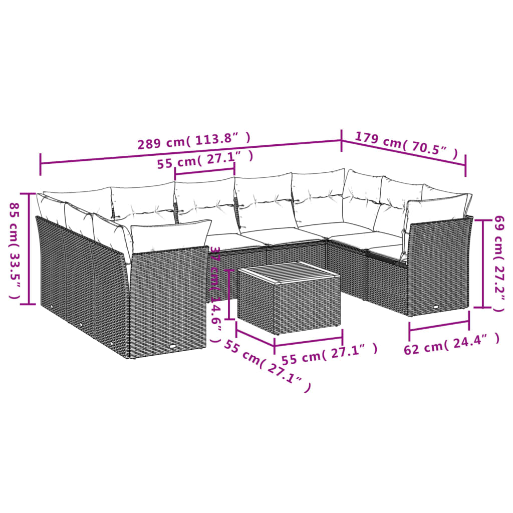 vidaXL 10 Hluta Garðsófasett með Sessum Drappað Pólýrattan