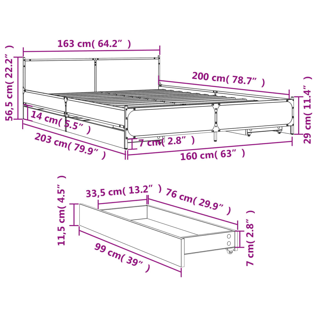 vidaXL Rúmgrind með Skúffum án Dýnu Gráir Sonoma Eik 160x200 cm