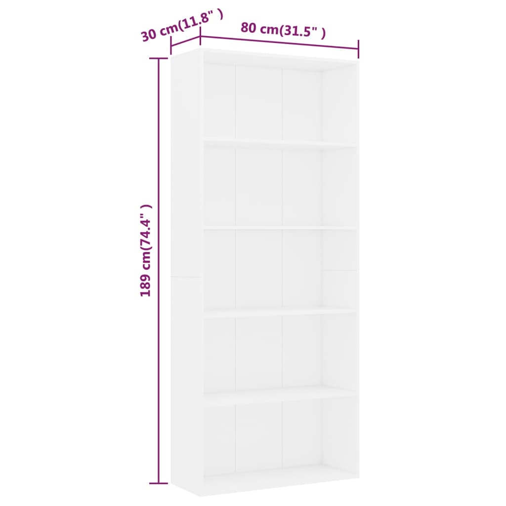801026 vidaXL 5-Tier Book Cabinet White 80x30x189 cm Chipboard