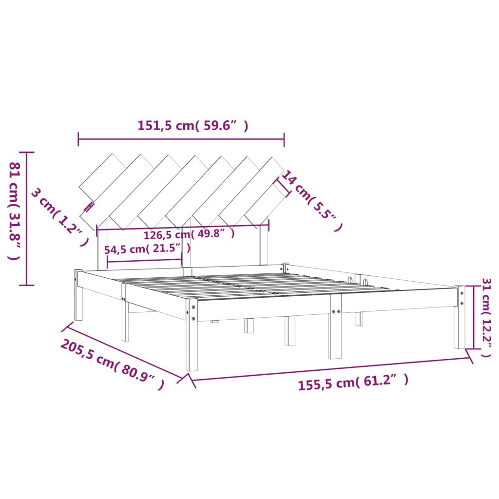 vidaXL Rúmgrind 150x200 cm King Stærð Gegnheill Viður