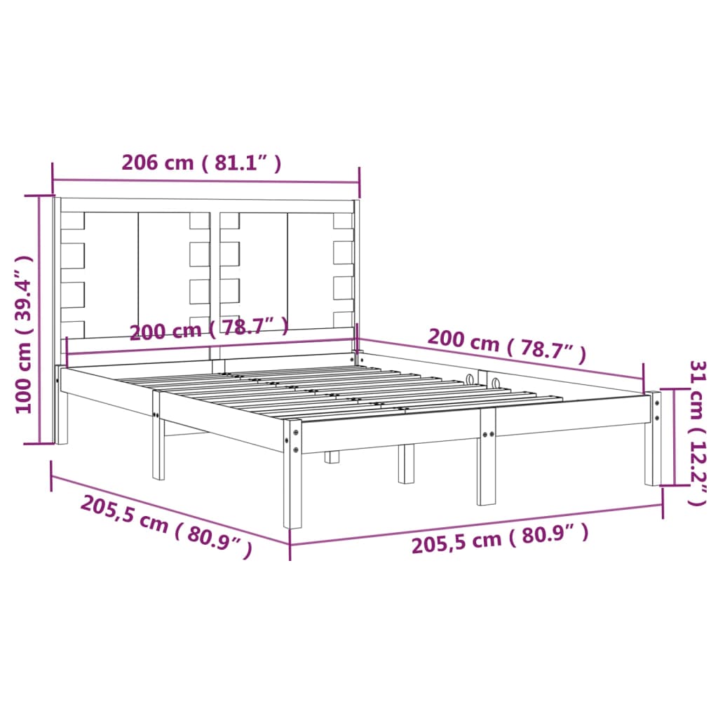 vidaXL Rúmgrind Svört Gegnheil Fura 200x200 cm