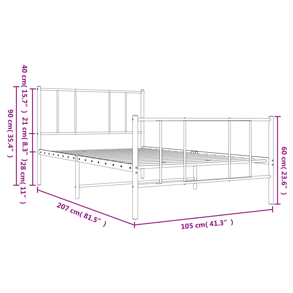 vidaXL Rúmgrind úr Málmi með Höfuðgafli & Fótagafli Svört 100x200 cm