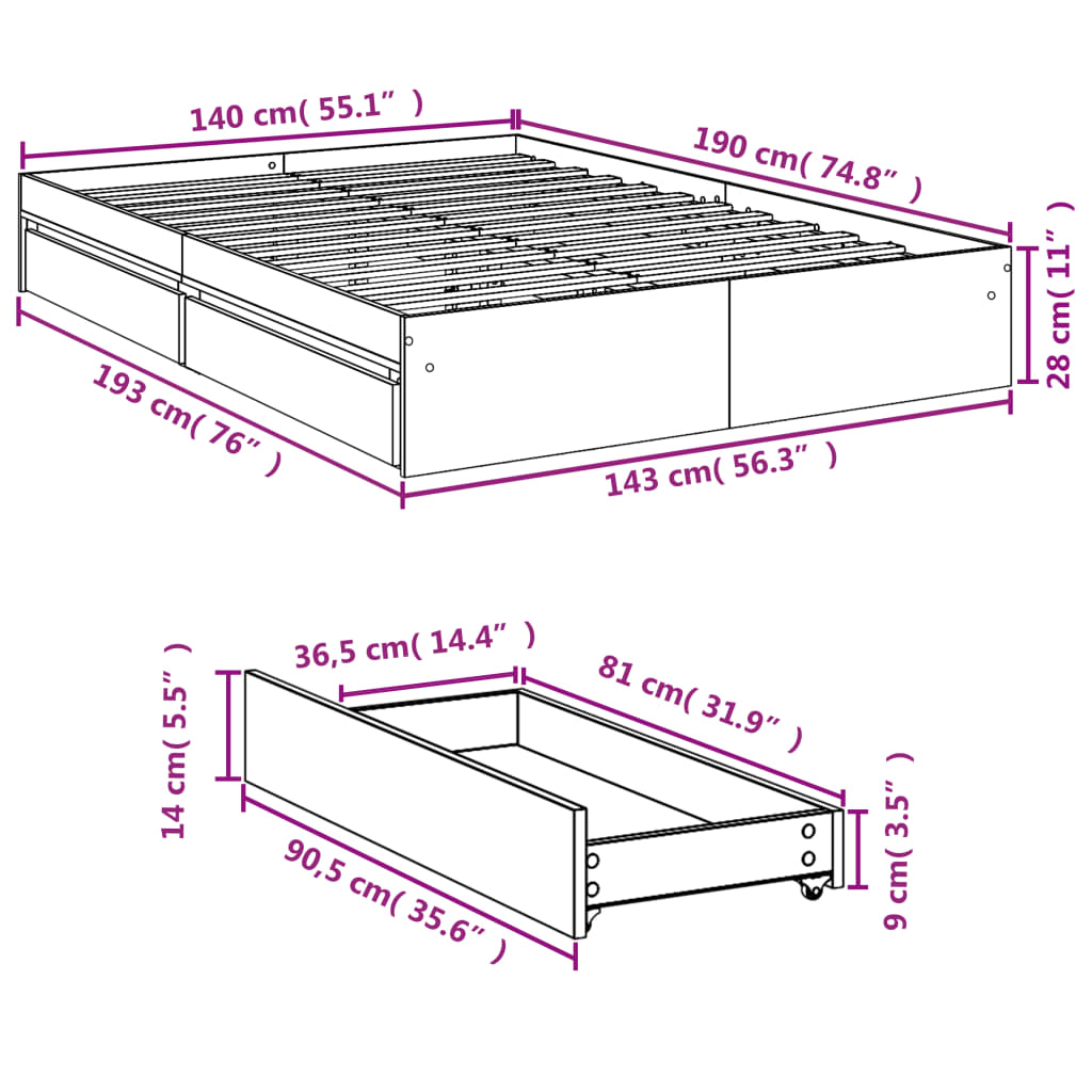 vidaXL Rúmgrind með Skúffum án Dýnu Gráir Sonoma Eik 140x190 cm