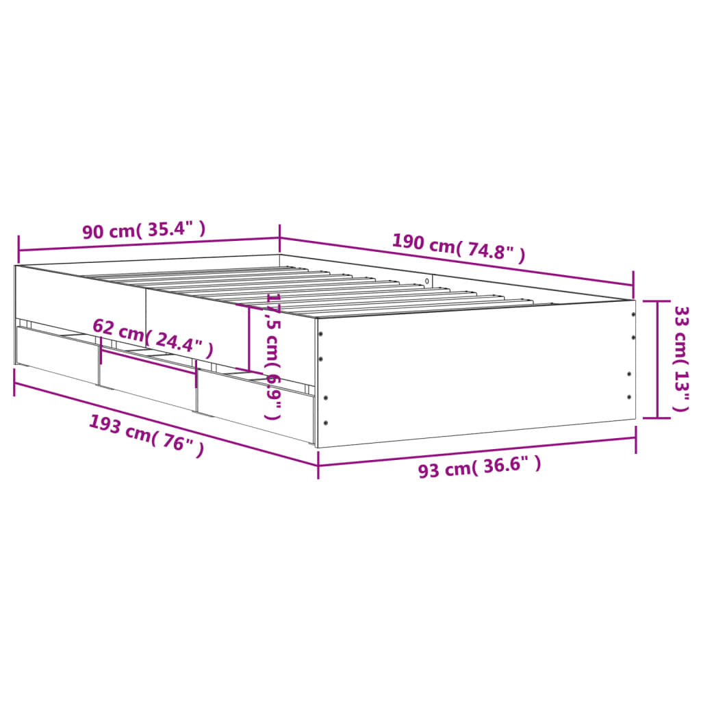 vidaXL Rúmgrind með Skúffum án Dýnu Gráir Sonoma Eik 90x190 cm