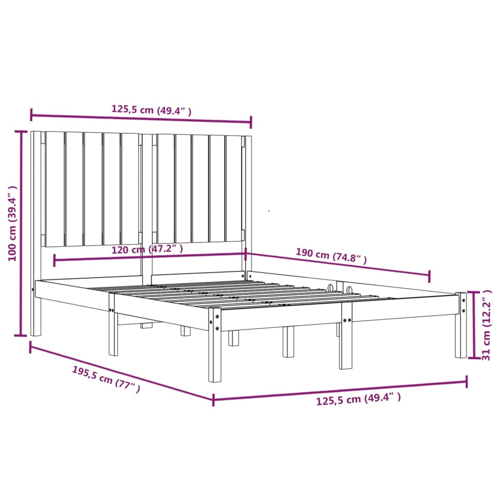 vidaXL Rúmgrind Gegnheill Viður 120x190 cm Lítil Tvíbreið