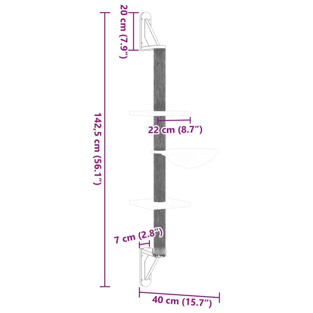 vidaXL Vegghengt Kattatré með Klórustaur Rjómahvítt 142,5 cm