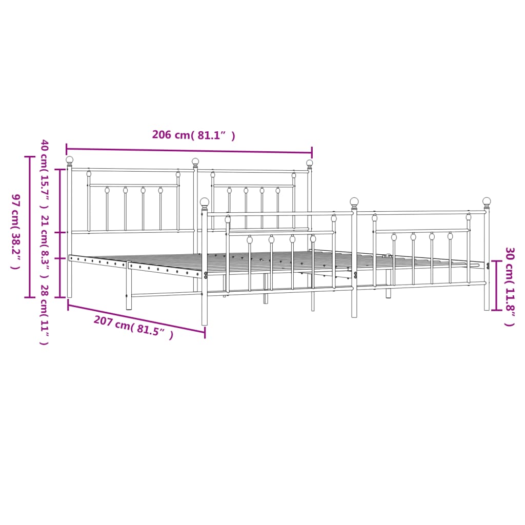 vidaXL Rúmgrind úr Málmi með Höfuðgafli & Fótagafli Svört 200x200 cm