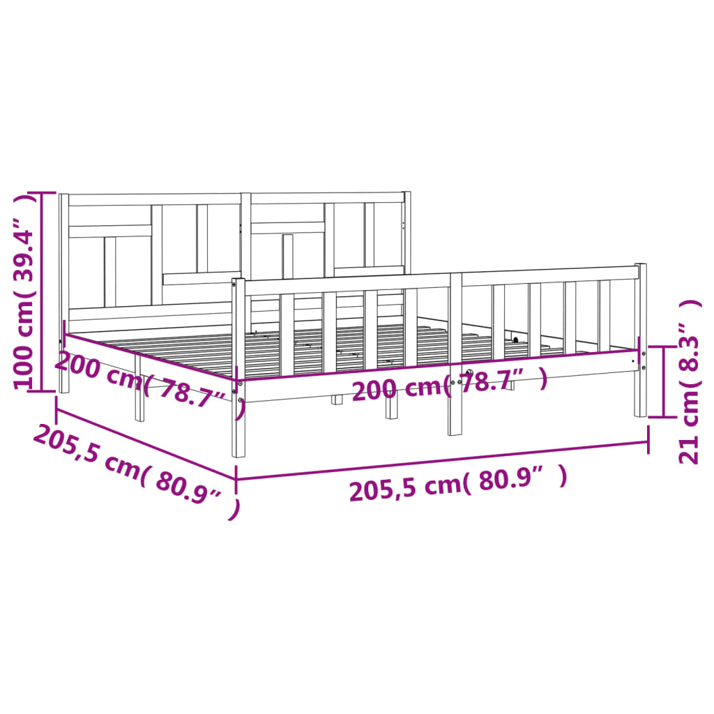 vidaXL Rúmgrind með Höfuðgafli Hvítur 200x200 cm Gegnheill Viður