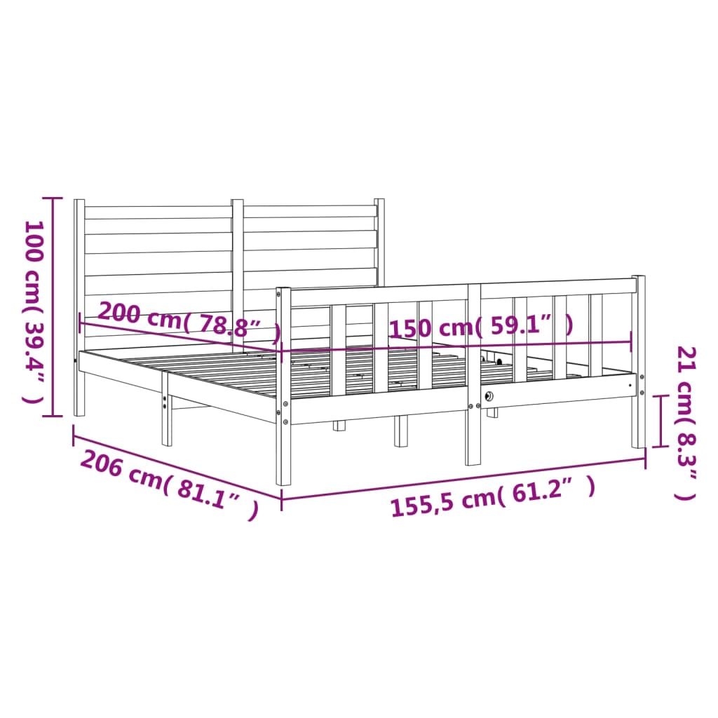 vidaXL Rúmgrind með Höfuðgafli King Size Gegnheill Viður