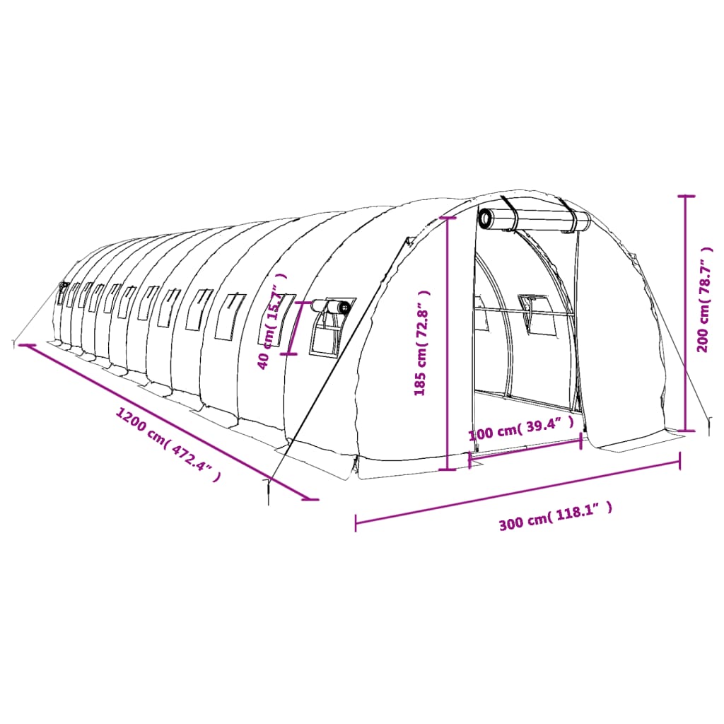 vidaXL Gróðurhús með Stálgrind Hvítt 36 m² 12x3x2 m