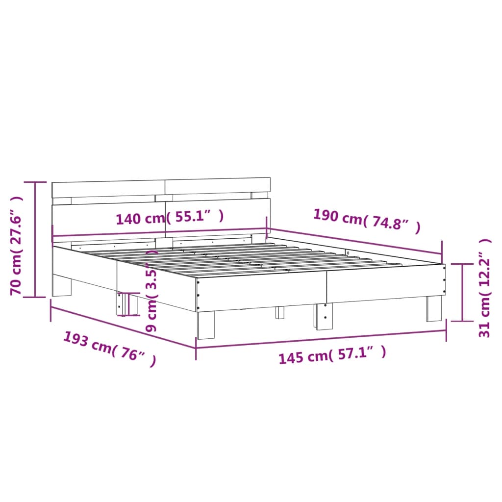 vidaXL Rúmgrind án Dýnu Steypugrátt 140x190 cm