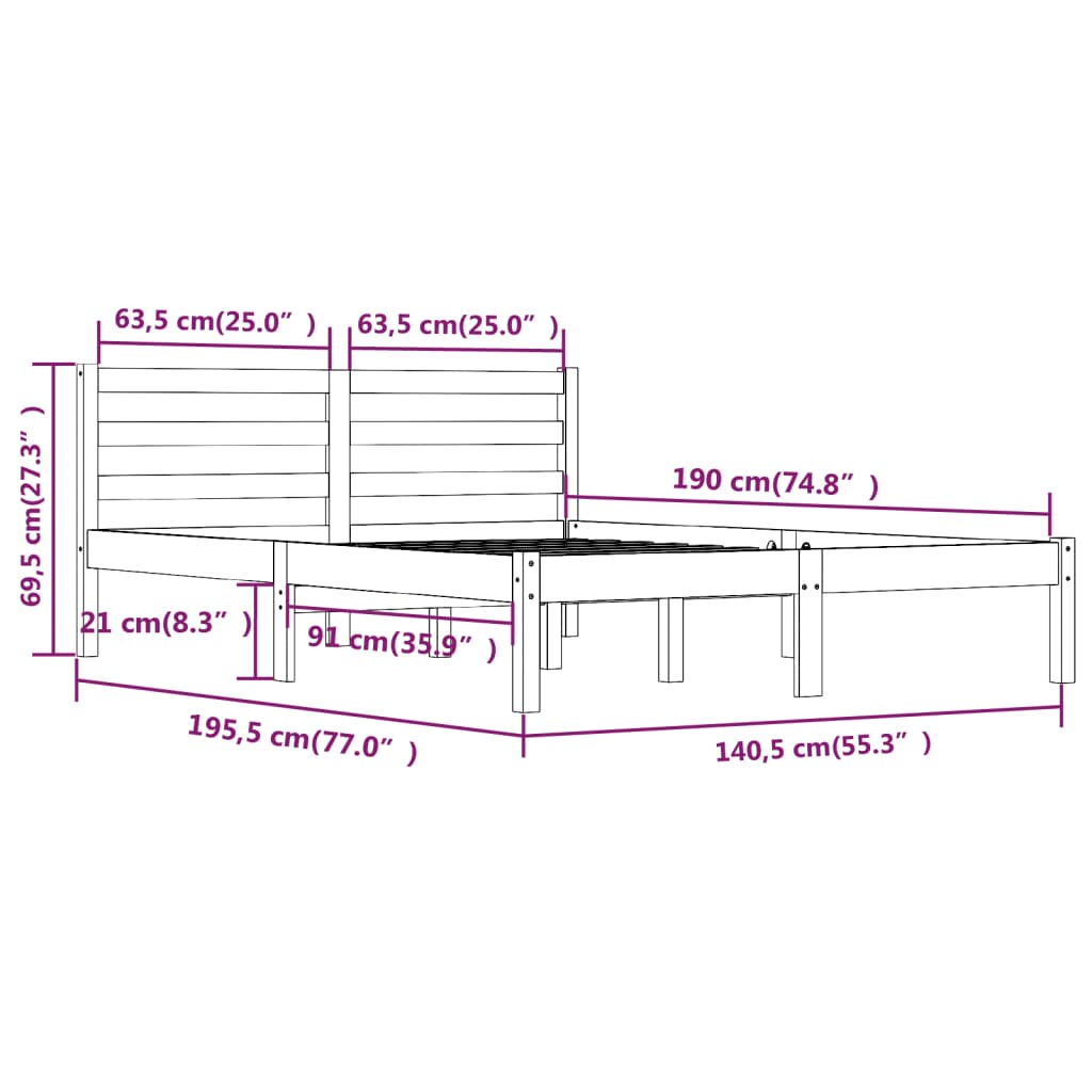 vidaXL Rúmgrind Gegnheil Fura 135x190 cm Grá 4FT6 Tvíbreið