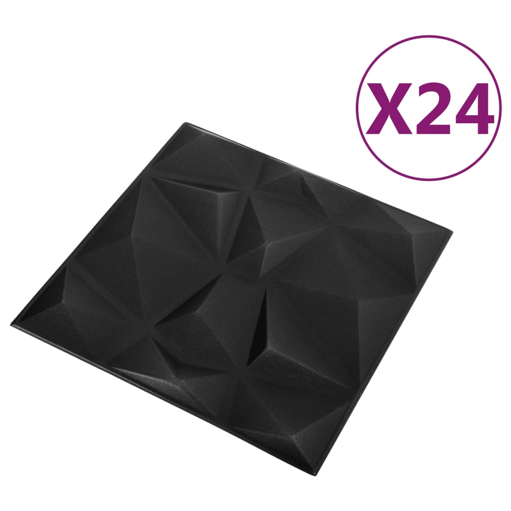 vidaXL 3D Veggþil 24 stk. 50x50 cm Demants Svartur 6 m²