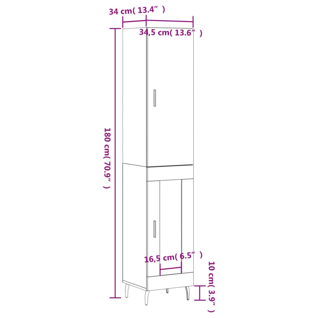 vidaXL Skenkur hvítt 34,5x34x180 cm Samsettur Viður