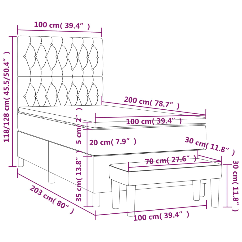 vidaXL Hólfað Springrúm Dökkgrátt 100x200 cm Flauel