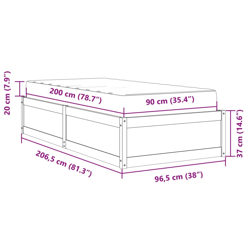 vidaXL Rúm með Dýnu 90x200 cm Gegnheil Fura