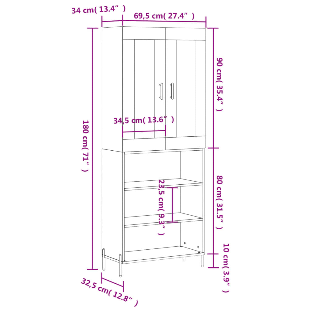 vidaXL Hár Skápur Grár Sonoma 69,5x34x180 cm Samsettur Viður