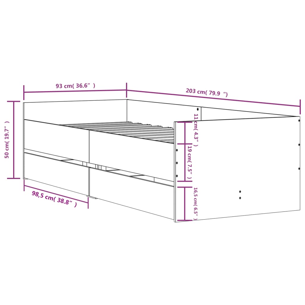 vidaXL Rúmgrind með Skúffum án Dýnu Gráir Sonoma Eik 90x200 cm