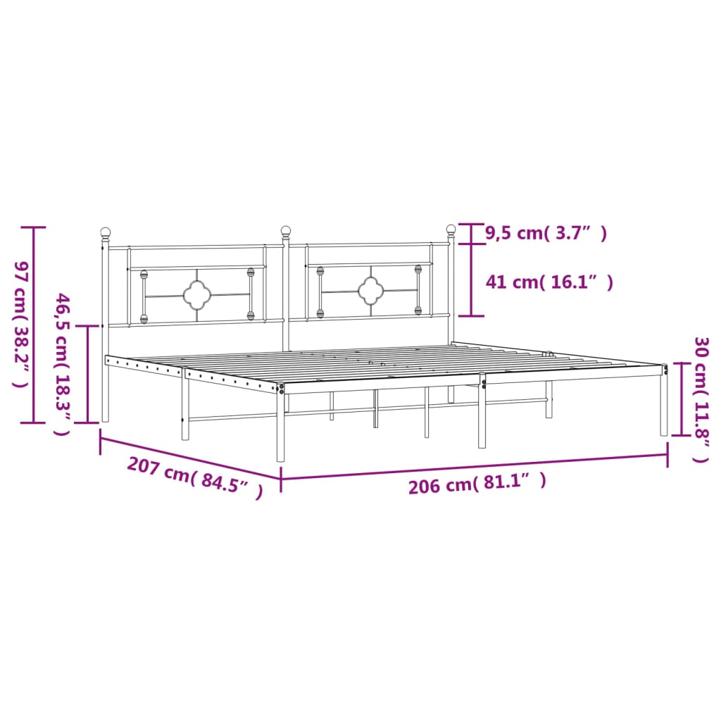 vidaXL Málmrúmgrind með Höfuðgafli Svört 200x200 cm