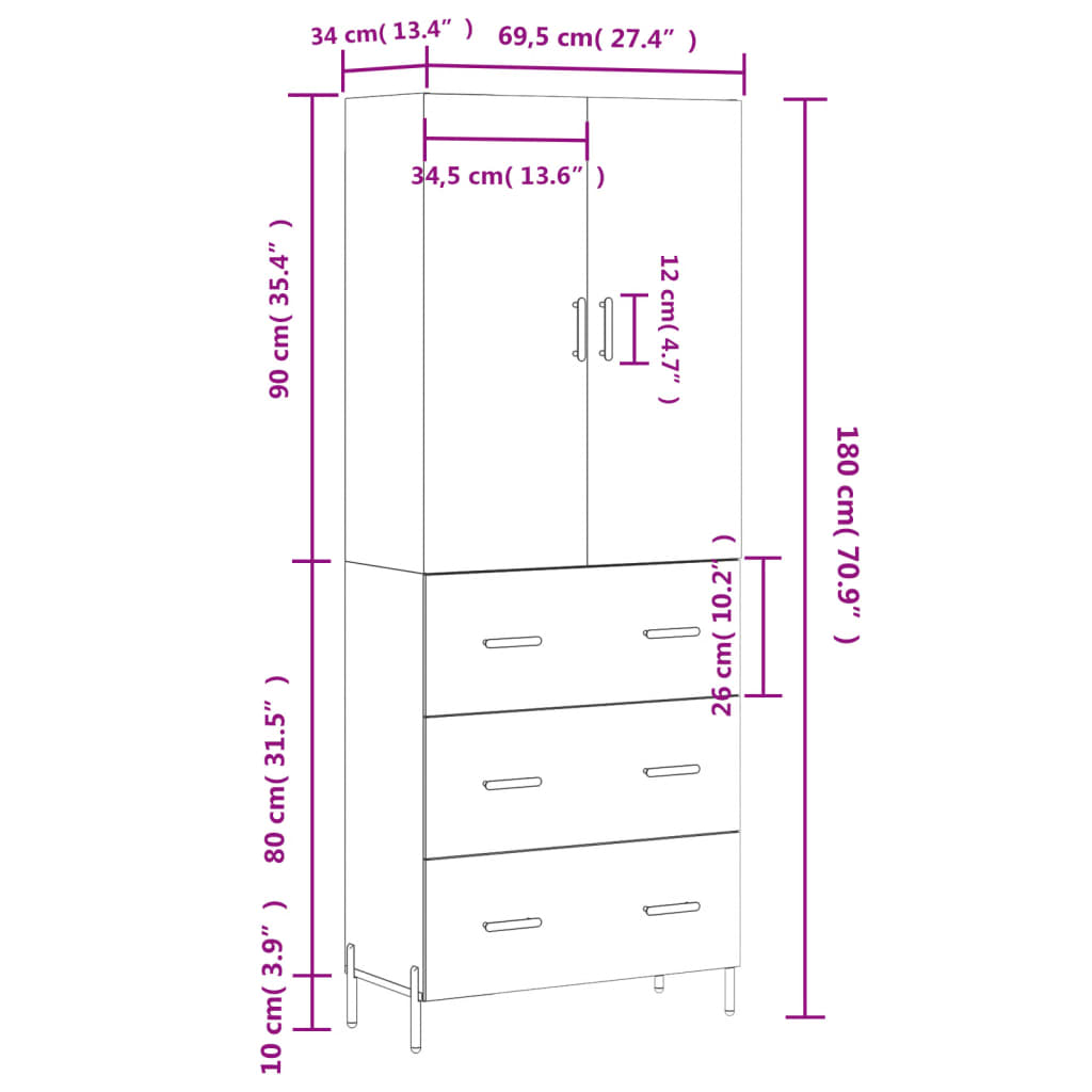 vidaXL Hár Skápur Brún Eik 69,5x34x180 cm Samsettur Viður