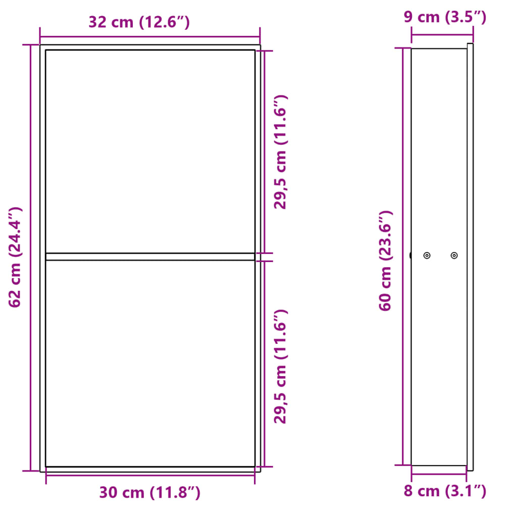 vidaXL Innfelld Sturtuhilla Mött Hvít 32x62x9 cm Ryðfrítt stál