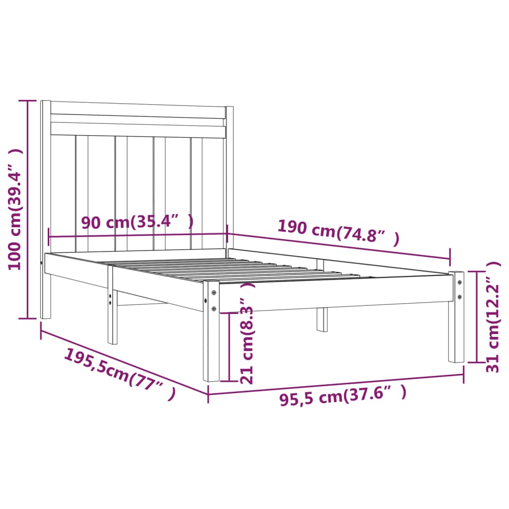 vidaXL Rúmgrind Gegnheill Viður 90x190 cm Einbreið