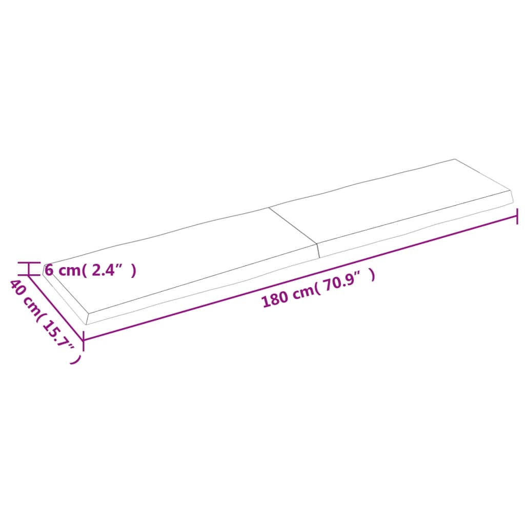 vidaXL Borðplata 180x40x(2-6) cm Ómeðhöndluð Gegnheil Náttúrul. Brúnir