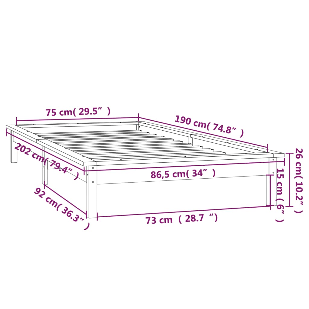 vidaXL LED Rúmgrind Grá 75x190 cm 2FT6 Tommur Lítil Einbreið Viður