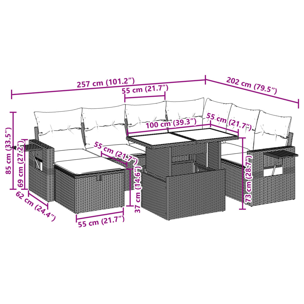 vidaXL 8 Hluta Garðsófasett með Púðum Brúnt Pólýrattan