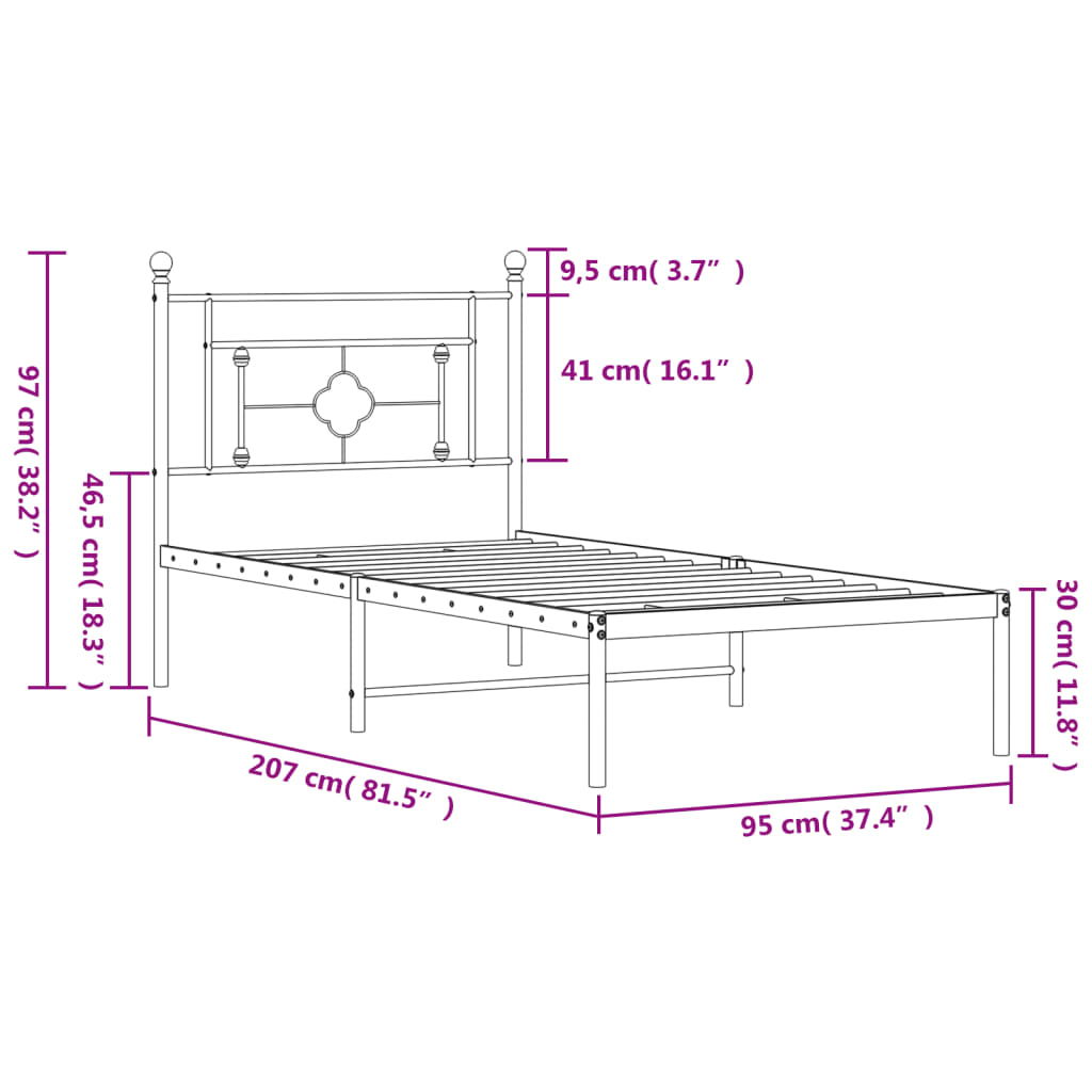 vidaXL Málmrúmgrind með Höfuðgafli Svört 90x200 cm